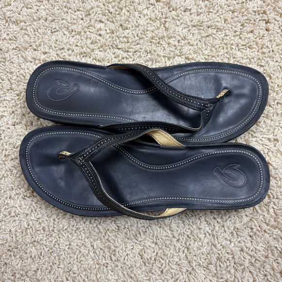 OluKai Shoes - OluKai Ohana Flip Flops Black Leather Thong Sandals‎ Women US W 11 EUR 41